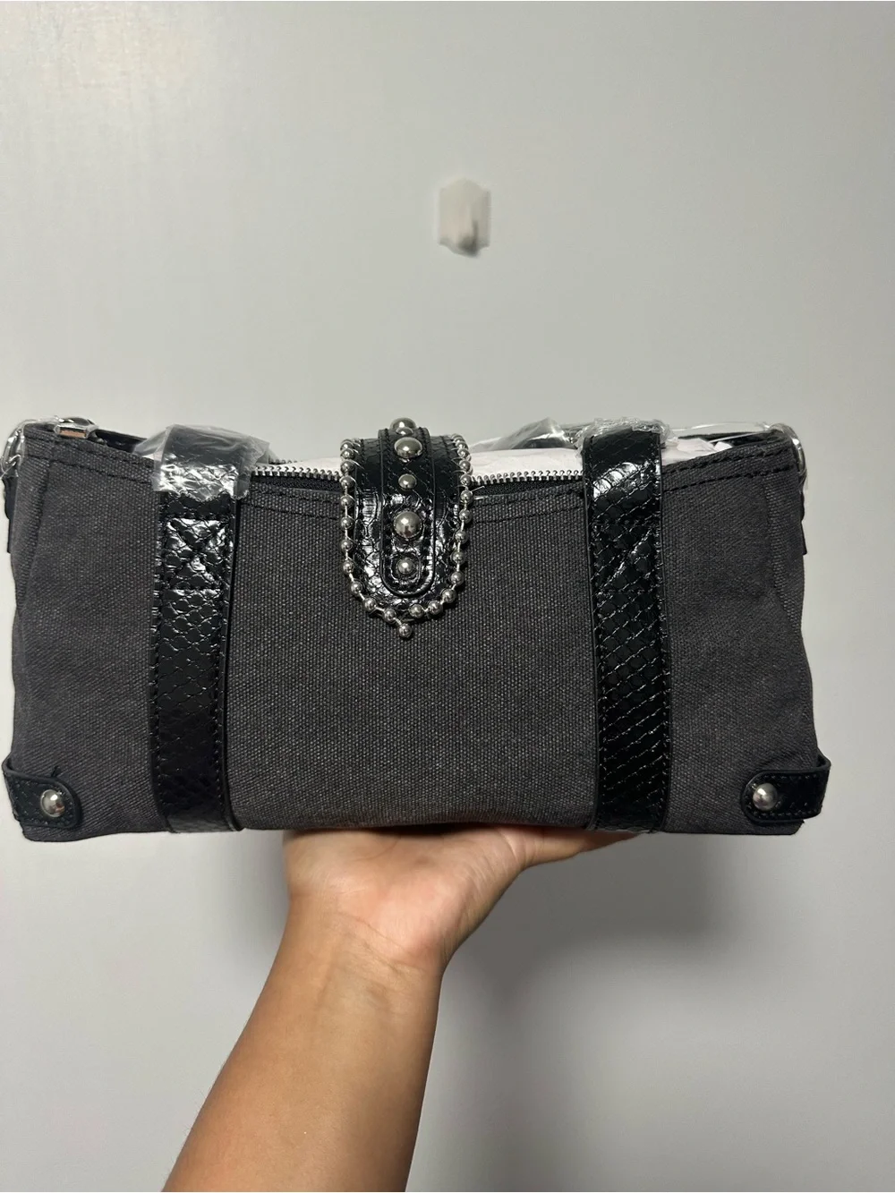 Black Canvas Shoulder Bag with Studded Buckle